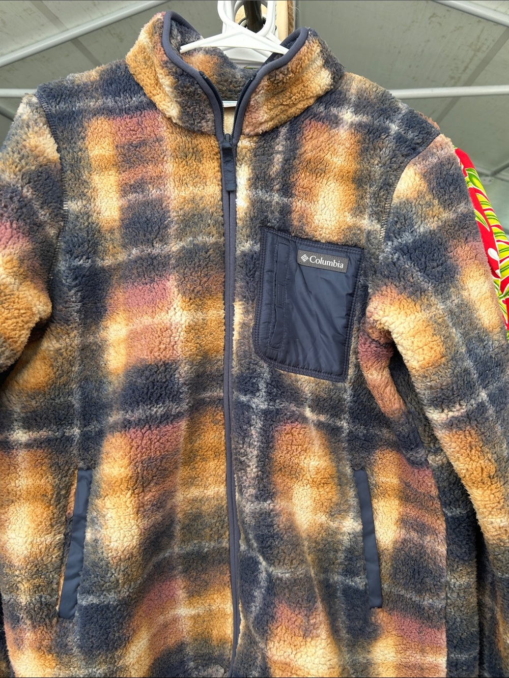 Columbia Plaid Sherpa Fleece Jacket in Navy, Gold and Rust